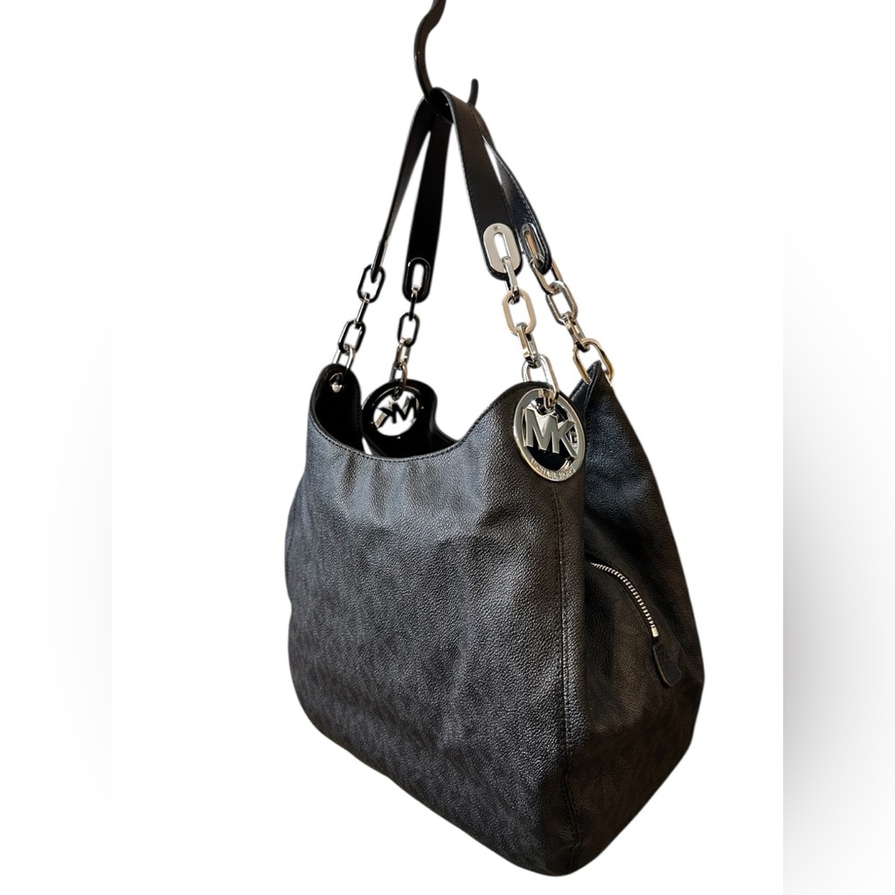 MICHAEL KORS FULTON BLACK LOGO SILVER CHAIN LARGE SHOULDER TOTE BAG - Picture 2 of 9